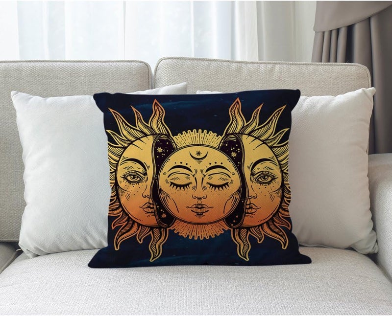 Moslion Sun Moon Pillow Cover Decorative Sun and Moon with Many Fractal Faces Celestial Energy Mystic Throw Pillow Case 18x18 Inch Cotton Linen Cushion Cover for Men Women Navy Blue Yellow - Image 5